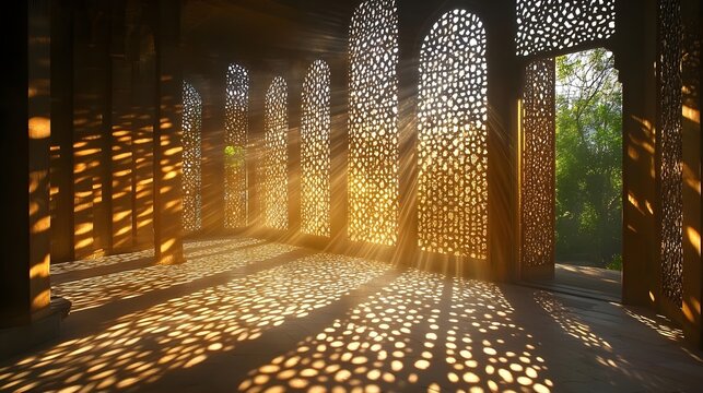 Intricate geometric patterns of sunlight filtering through ornate architectural screens casting dramatic shadows on the floor and walls - Powered by Adobe