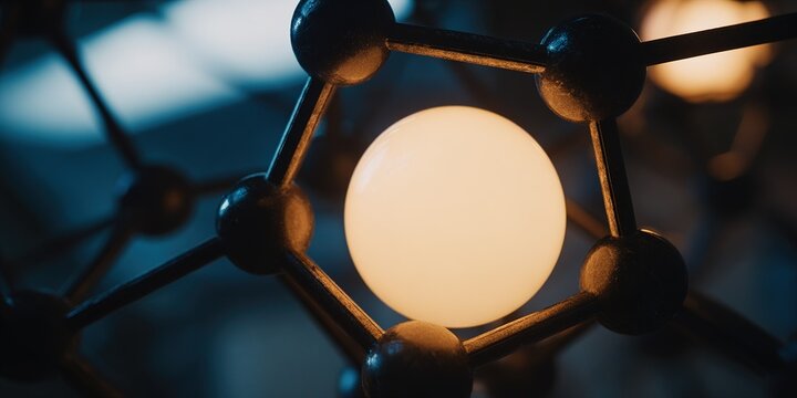 Close-up view of a glowing orb within a complex molecular structure at a science laboratory - Powered by Adobe