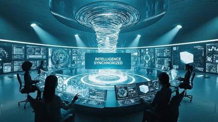 Futuristic control room with people monitoring data advanced technology interface for business intelligence and cybersecurity concepts - Powered by Adobe