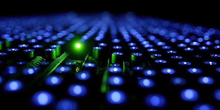 Colorful LED lights illuminate a circuit board in an abstract close-up view emphasizing technology and innovation