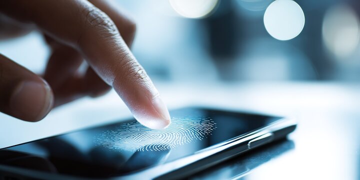 Using fingerprint recognition technology on a smartphone in a modern setting during the daytime