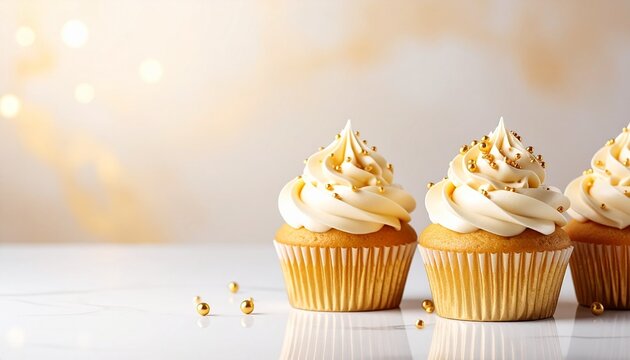 Festive gold-dusted vanilla cupcakes with creamy frosting, perfect for celebrations and special occasions