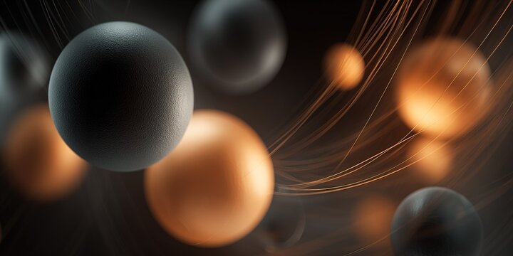 Close-up of floating spheres in dark space with glowing light trails showcasing abstract art