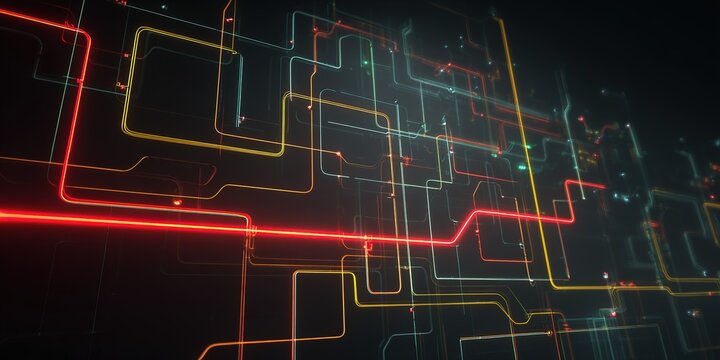 Abstract digital art with colorful lines and patterns representing technology and innovation in a futuristic setting