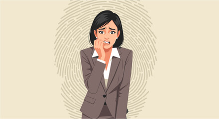An Asian businesswoman experiences work-related burnout, biting her nails as she grapples with stress and anxiety in a demanding corporate environment.