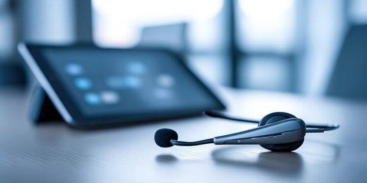 Headset and tablet sit on wooden table in modern office setting during daytime