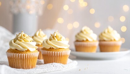 A beautiful batch of homemade vanilla cupcakes with creamy frosting on an elegant dessert table with a white lace cloth and soft background lights