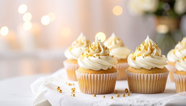 Elegant vanilla cupcakes with white frosting and golden sprinkles, beautifully arranged on a lace cloth, bathed in soft festive background lights, perfect for sweet celebrations - Powered by Adobe