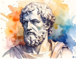 Bust of a man with a beard and curly hair, vibrant watercolor background