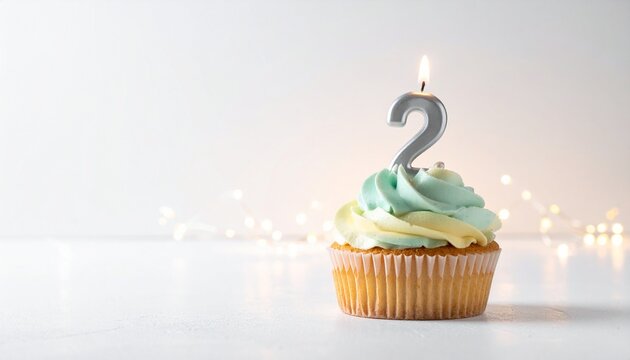 Festive Cupcake with a '2' Candle Celebrating a Second Anniversary or Birthday Milestone