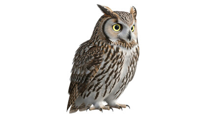 Detailed studio portrait of a wise long eared owl with striking yellow eyes standing alert on a transparent background isolated on transparent background