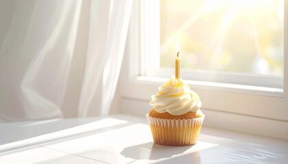 A single birthday cupcake with creamy white frosting and one lit candle sits on a windowsill, bathed in warm morning sunlight for a wish