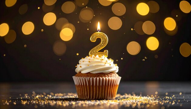 A celebratory cupcake with white frosting and gold sprinkles, featuring a lit number two candle for a second birthday or anniversary, on a dark background with glowing bokeh lights