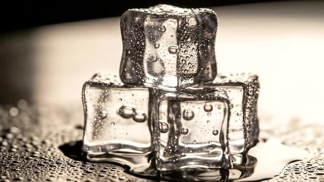 Close-up of three ice cubes with bubbles on a wet surface, highlighting their transparency and texture