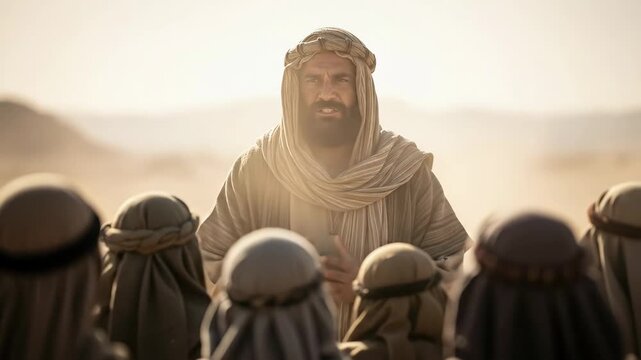 Man preaches to a crowd in ancient biblical times, showing hand gestures, for religious instruction and discipleship concept.