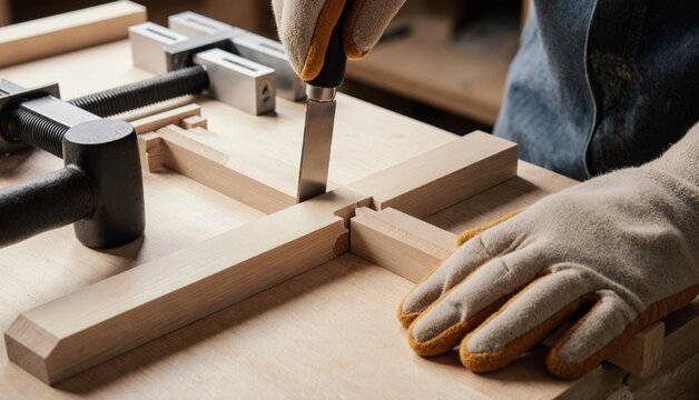 Crafting delicate wood joints with precision in a workshop Generative AI