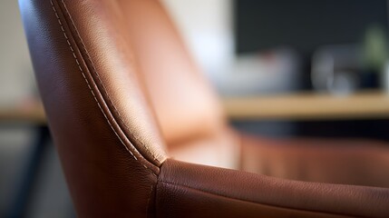 Luxurious brown leather office chair showcases ergonomic design and rich texture perfect for workspace photography