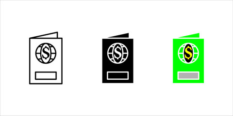 Passport with Dollar Sign Black icon of a passport with a dollar symbol inside a globe, representing finance, international banking, global economy, or currency exchange.