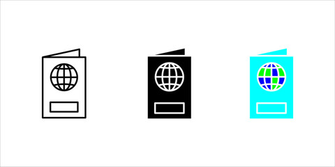 global-passport-icon set. Black icon of a passport featuring a globe symbol, representing international travel, identity, immigration, or tourism concept.