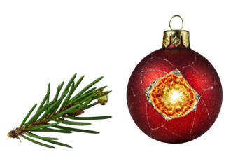 Vibrant emerald fir needle with oozing golden resin, crimson Christmas bauble revealing molten core on transparent, dramatic macro photography, intricate detail concept