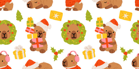 Cute Christmas capybara seamless pattern, funny winter animals with Santa hats, gifts, snowman, Christmas tree, and lights. Cozy holiday background. Flat cartoon vector illustration for New Year