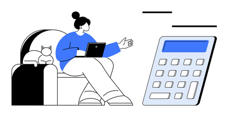 Woman seated with laptop, gesturing near a calm cat, and a large calculator ideal for remote work, finance, budgeting, communication, planning, organization and productivity. A simple flat metaphor