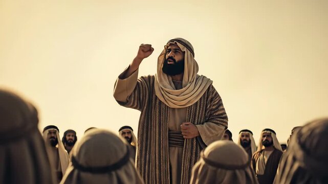 Man as a biblical prophet preaching to a crowd in ancient times, delivering a repentant sermon to an apostolic congregation.