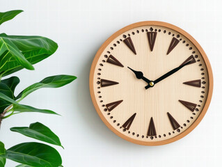 Minimalist wooden wall clock with carved triangular hour markers and black hands mounted beside green leafy plant