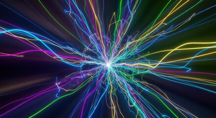 Vibrant, Energetic Burst of Multicolored Light Trails Exploding Outward from a Central Bright Core.