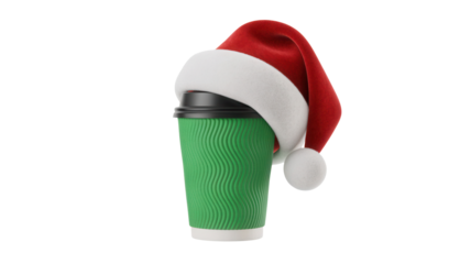 Festive green coffee cup wearing Santa hat, holiday cheer, seasonal beverage, warm drink, celebrate Christmas, enjoy the holidays, winter delight, merry time!
