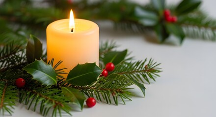 Festive candle surrounded by holly and pine branches for decoration  