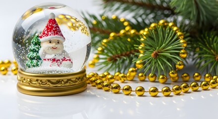 Santa Claus snow globe surrounded by pine branches and beads  