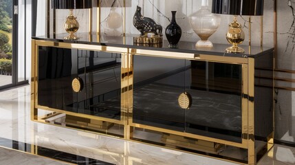 Stylish, modern black and gold credenza, lamps, sculptures, and elegant decor