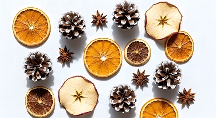 Dried orange slices and pine cones arranged on white background  