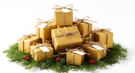 Wrapped Christmas gifts arranged with pine branches and berries  