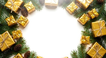 Golden gift boxes arranged with pine branches for holiday decoration  