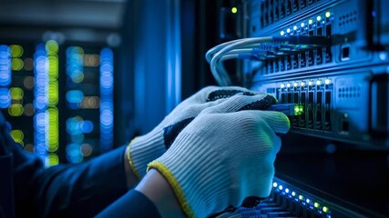 IT technician connecting cables in a server room with blue lights. - Powered by Adobe