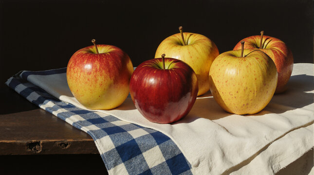 Classic still life of fresh apples on a rustic wooden table. Red and yellow fruit with dramatic lighting against a dark background. Healthy eating and harvest concept with copy space.