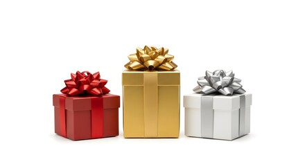 Three gift boxes with bows in red, gold, and silver colors  