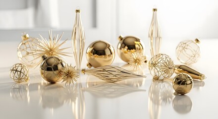 Elegant gold Christmas ornaments arranged on a glossy surface  