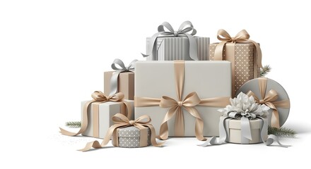 Gifts with ribbons in neutral colors arranged on white background  