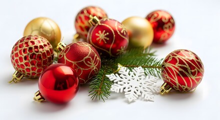 Colorful Christmas ornaments and pine branches on white background  