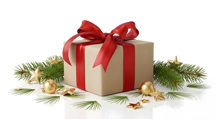 Christmas gift box with red ribbon and pine branches on white background  