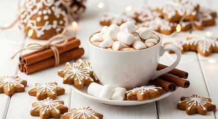 Warm cup of hot chocolate with marshmallows and gingerbread cookies  