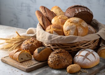 Assortment of freshly baked artisan breads in a wicker basket