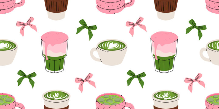 Matcha seamless pattern, cute green tea drinks, boba cups, matcha latte, mochi, macarons and desserts. Kawaii Japanese sweets and beverages vector illustration for cafe, packaging, textile, wallpaper.