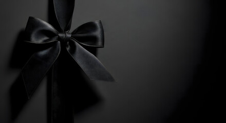 Dramatic soft light shines on black ribbon bow laying against black backdrop empty for message