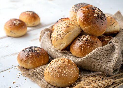 Freshly baked assorted bread rolls in a rustic burlap sack