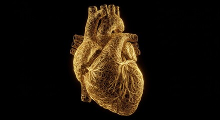 Intricate Anatomical Human Heart Model Illuminated Against Stark Black Background.