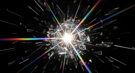 Vibrant Prismatic Light Burst Through Shattering Glass on Black.